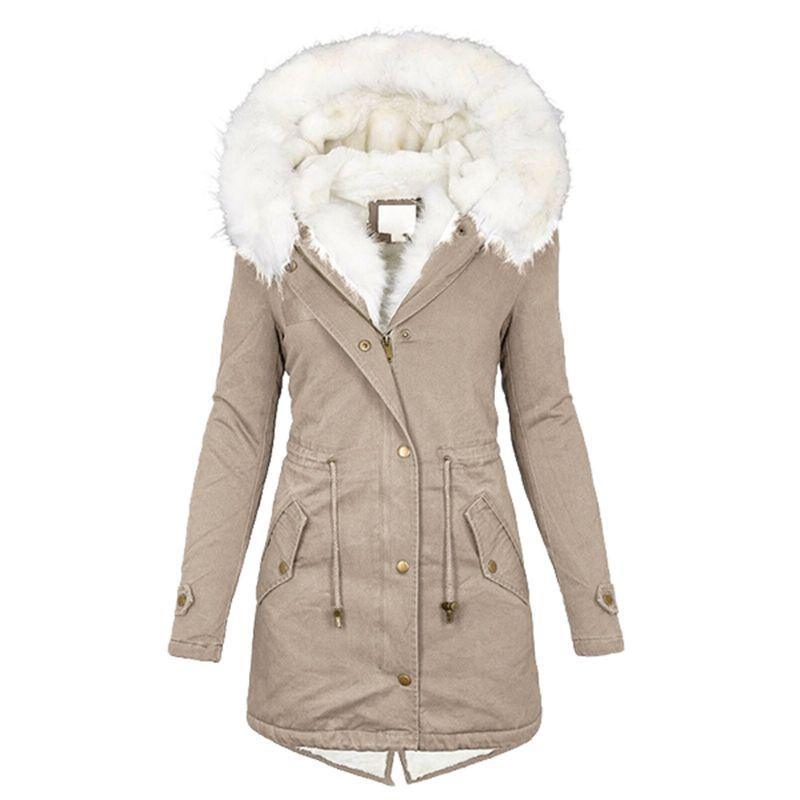 Mid-length fur collar hooded warm velvet coat - IntimaChic