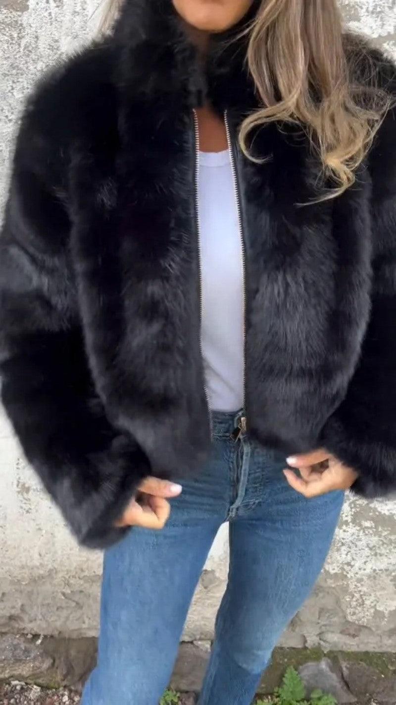 Plush Imitation Fur Coat with Zipper Detail - IntimaChic