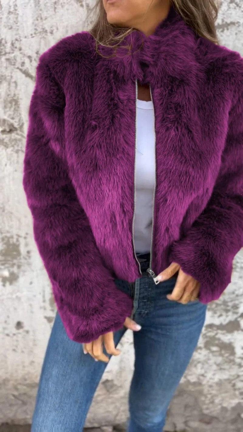 Plush Imitation Fur Coat with Zipper Detail - IntimaChic